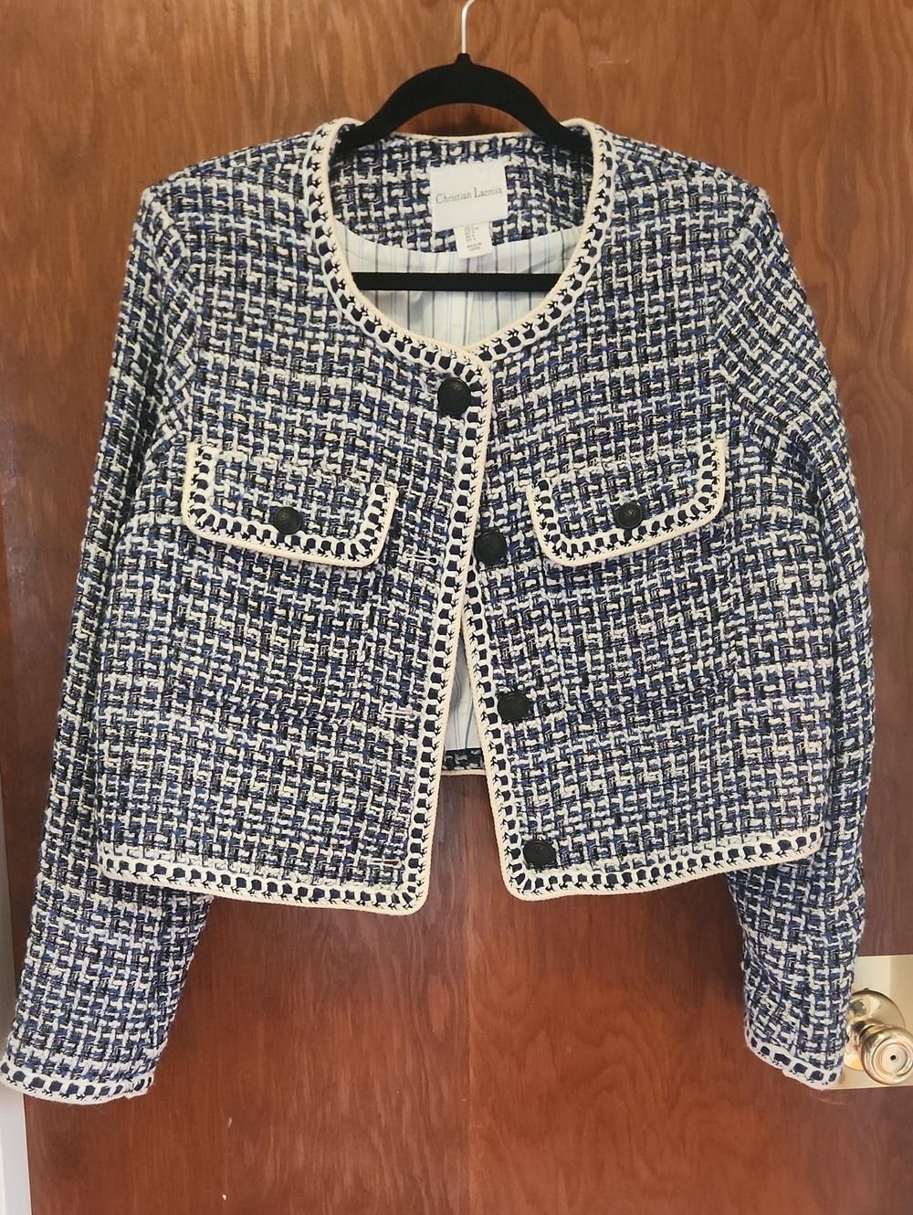 Christian Lacroix Navy and White Tweed Cropped Boxy Blazer